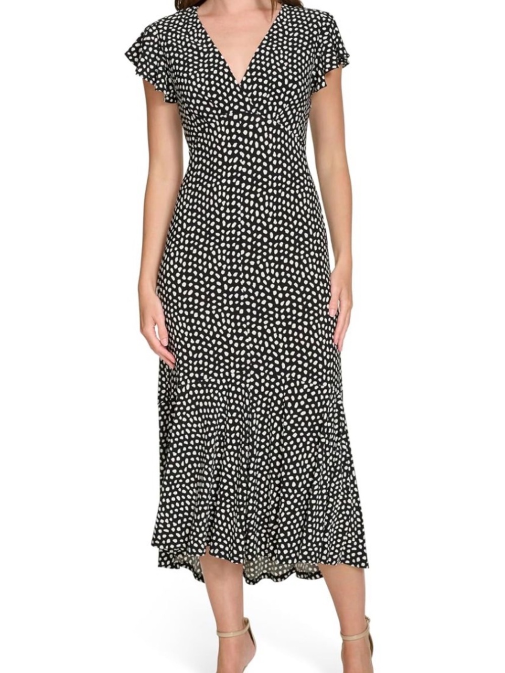 Tommy Hilfiger Black and White Polka Dot V-Neck Midi Dress